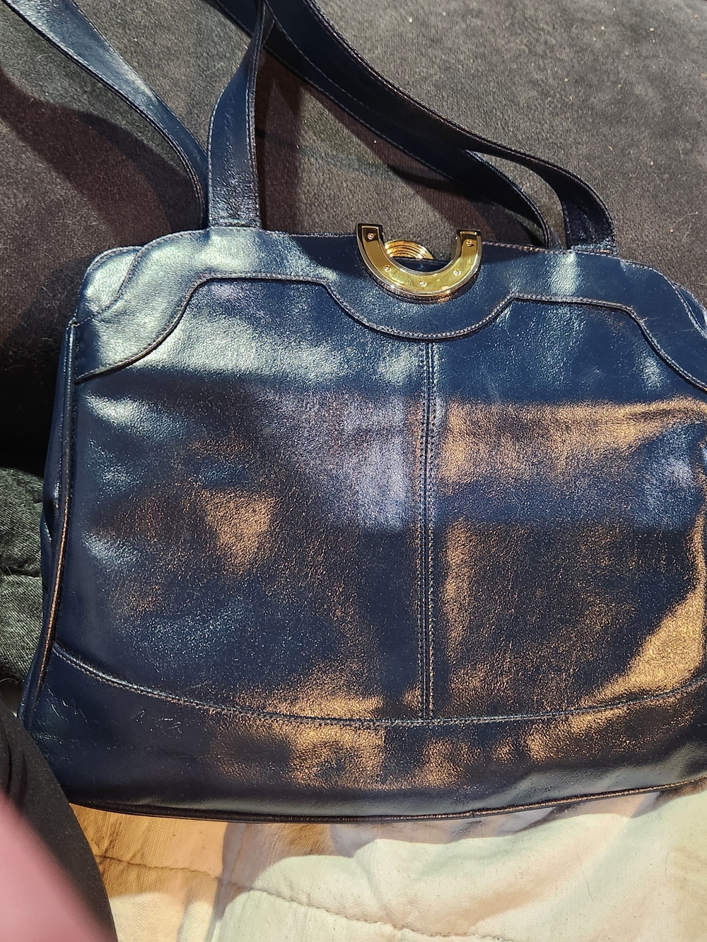 70s Made In Italy Classic Navy Leather Shoulder Bag with Gold Accent Mirror